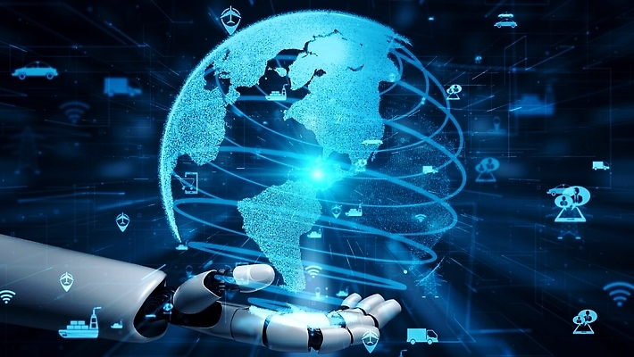 JPG 해외이미지 손 일러스트 미래 기술 들기 신체부위 파란색 지구본 3D 디지털 네트워크 로봇 해외202310 해외포토 포토 컬러 컨셉 모션 사람 디지털합성 파일형식