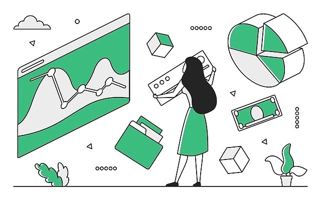 EPS 해외이미지 전신 여자 일러스트 비즈니스 한명 들기 성인 초록색 자료 주식 입체 정사각형 폴더 원그래프 꺾은선그래프 성인여자한명만 해외202310 해외일러스트 도형 1 컬러 모션 그래프 사람 금융 파일 여자한명만 성인여자만 파일형식 벡터