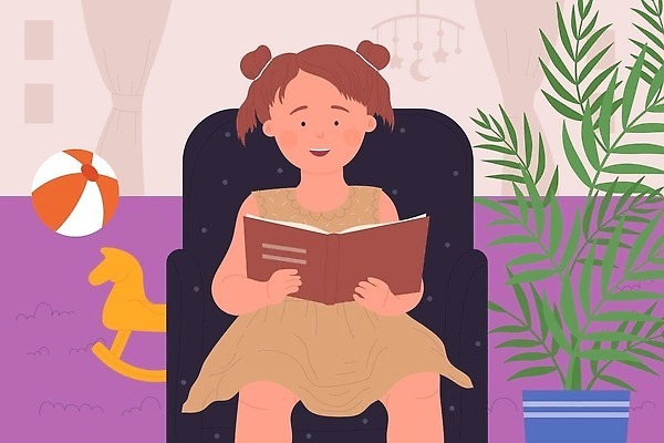 EPS 해외이미지 여자 행복 어린이 잎 의자 일러스트 공 양갈래머리 한명 앉기 책 독서 목마 소녀한명만 해외202310 해외일러스트 식물 1 헤어스타일 감정 가구 모션 사람 여자한명만 소녀만 파일형식 벡터