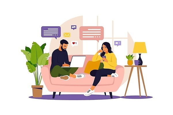 EPS 해외이미지 식물 여자 남자 화분 말풍선 일러스트 비즈니스 대화 성인 두명 노트북 소파 가부좌 재택근무 성인만 해외202310 해외일러스트 의자 말하기 사람 앉기 전자제품 파일형식 벡터