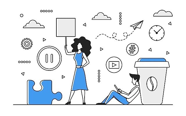 EPS 해외이미지 전신 여자 남자 커피 일러스트 비즈니스 성인 두명 파란색 디지털 정보 업무 표지판 스마트 분석 온라인 경영 데이터베이스 인터페이스 해외202310 해외일러스트 음료 컬러 컨셉 알림판 사람 작업 파일형식 벡터