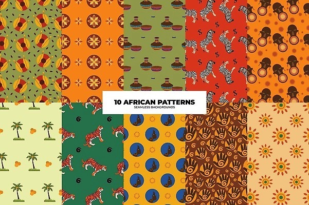 EPS 해외이미지 문양 패턴 일러스트 아프리카 사람모양 사람없음 그래픽 초록색 세트 야자수 갈색 호랑이 원주민 얼룩말 해외202310 해외일러스트 모양 나무 나라 컬러 무늬 포유류 말_동물 아프리카인 파일형식 벡터