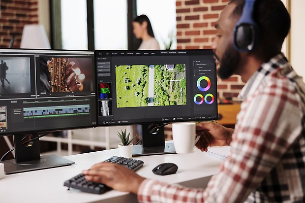 포토 JPG 해외이미지 남자 벽돌 실내 한명 상반신 성인 그래픽 모니터 키보드 마우스 그래픽디자이너 성인남자한명만 영상편집 해외202310 해외포토 1 사람 내부 컴퓨터 컴퓨터용품 디자이너 남자한명만 성인남자만 파일형식