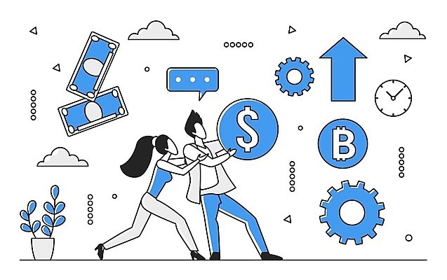 EPS 해외이미지 전신 여자 남자 화살표 돈 일러스트 비즈니스 성인 두명 파란색 디지털 정보 업무 스마트 분석 온라인 경영 데이터베이스 인터페이스 해외202310 해외일러스트 컬러 컨셉 사람 작업 재산 파일형식 벡터