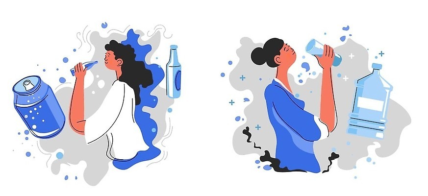 EPS 해외이미지 무료이미지 여자 음료 일러스트 성인 두명 물 건강관리 마시기 습관 소다 해외202310 해외일러스트 자연요소 모션 건강 관리 사람 파일형식 벡터 무료콘텐츠