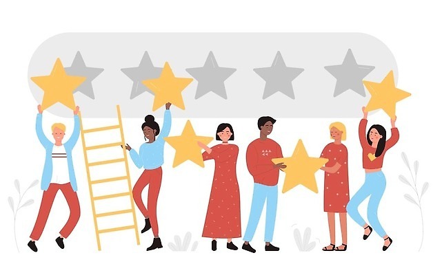 EPS 해외이미지 전신 여자 남자 별 일러스트 사다리 서기 들기 여러명 성인 고객 서비스 평가 별점 성인만 해외202310 해외일러스트 자연요소 다수 모션 사람 도구 점수 파일형식 벡터
