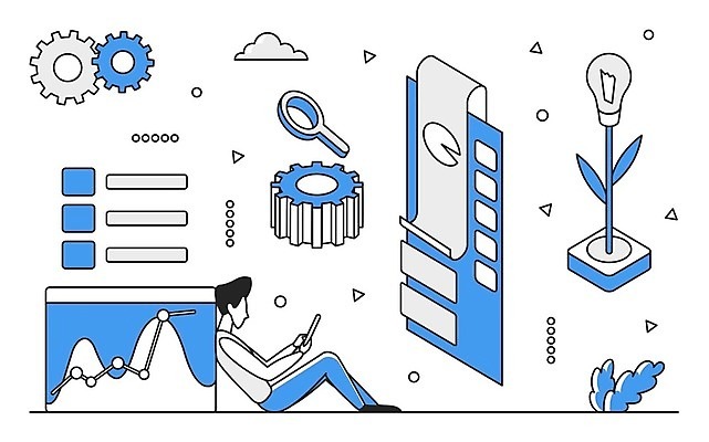 EPS 해외이미지 전신 남자 일러스트 비즈니스 그래프 한명 성인 파란색 디지털 정보 업무 스마트 분석 톱니바퀴 온라인 경영 데이터베이스 인터페이스 성인남자한명만 해외202310 해외일러스트 1 컬러 컨셉 사람 작업 남자한명만 성인남자만 파일형식 벡터