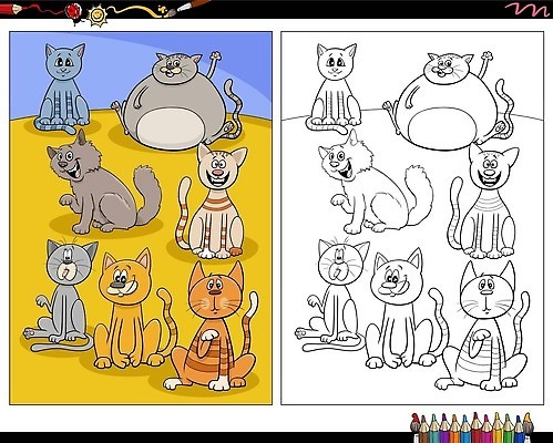 EPS 해외이미지 클립아트 동물 교육 행복 일러스트 그래픽 책 반려동물 컬러풀 검은색 고양이 흰색 만화 그림 페이지 얼룩무늬 문제집 색칠공부 벡터 해외202310 해외일러스트 감정 컬러 무늬 포유류 학습 색칠 파일형식