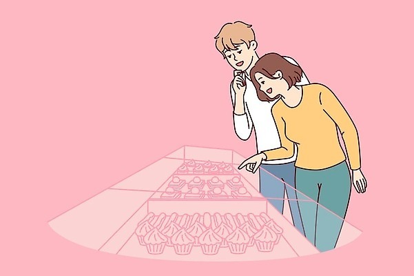 EPS 해외이미지 여자 남자 분홍색 일러스트 디저트 성인 두명 쇼핑 가리킴 상품 고민 성인만 해외202310 해외일러스트 감정 음식 컬러 사람 손짓 파일형식 벡터