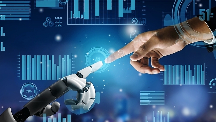 포토 해외이미지 손 비즈니스 그래프 미래 신체부위 파란색 스크린 기계 터치 가리킴 로봇 AI_인공지능 해외202310 해외포토 AI파일 컬러 컨셉 사람 손짓 파일형식 벡터