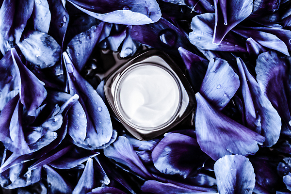 포토 JPG 해외이미지 꽃잎 사람없음 하이앵글 고급 피부관리 파란배경 스킨케어 기초화장품 수분크림 해외202310 해외포토 꽃 뷰포인트 백그라운드 컨셉 파란색 뷰티 화장품 파일형식