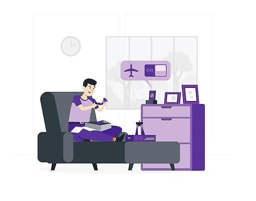 EPS 해외이미지 시계 여행 액자 일러스트 비행기 성인 소파 보라색 서랍장 여권 해외202310 해외일러스트 컬러 가구 의자 항공교통 대중교통 사람 파일형식 벡터