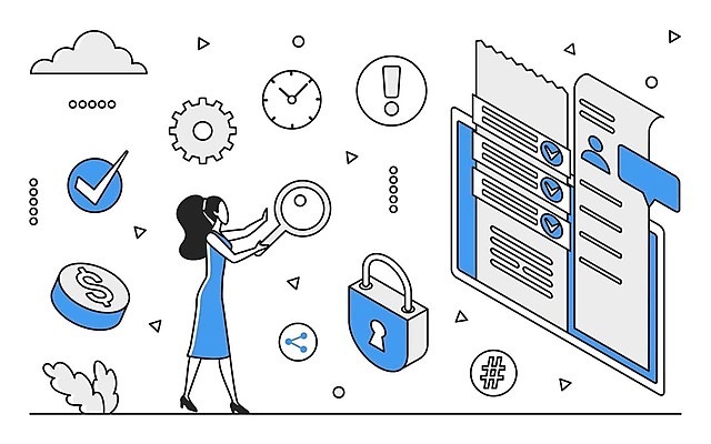 EPS 해외이미지 전신 여자 인터넷 일러스트 비즈니스 돋보기 한명 성인 파란색 디지털 정보 업무 스마트 분석 온라인 경영 데이터베이스 인터페이스 성인여자한명만 해외202310 해외일러스트 1 컬러 컨셉 사람 작업 여자한명만 성인여자만 파일형식 벡터