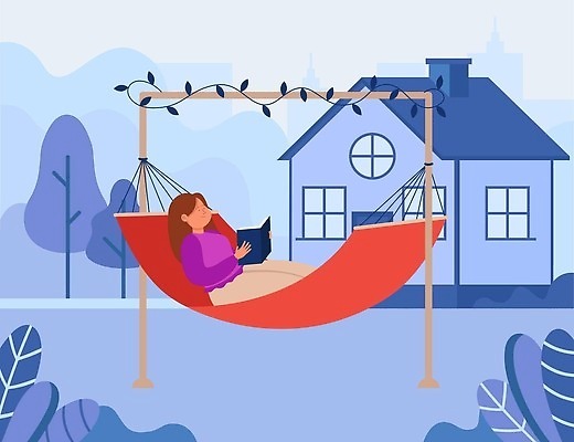 EPS 해외이미지 여자 일러스트 휴식 주택 한명 들기 성인 책 눕기 독서 정원 해먹 뒤뜰 성인여자한명만 해외202310 해외일러스트 1 컨셉 모션 사람 건물 침대 여자한명만 성인여자만 파일형식 벡터