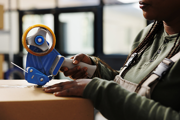 포토 JPG 해외이미지 여자 흑인 노동자 실내 한명 들기 상반신 성인 옆모습 상자 작업 테이프 물류창고 성인여자한명만 해외202310 해외포토 서양인 직업 1 뷰포인트 모션 문구용품 사람 내부 창고 여자한명만 성인여자만 파일형식