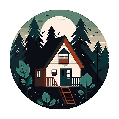 EPS 해외이미지 나무 일러스트 나뭇잎 사람없음 초록색 원형 숲속 오두막 심볼 해외202310 해외일러스트 도형 식물 컬러 잎 숲 파일형식 벡터