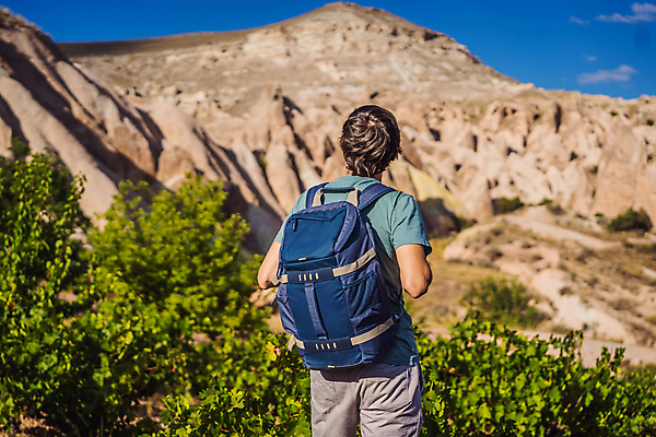 포토 JPG 해외이미지 나무 남자 여행 배낭 하늘 한명 풍경 성인 야외 뒷모습 돌산 풀숲 성인남자한명만 튀르키예 해외202310 해외포토 식물 1 아시아 뷰포인트 가방 산 사람 숲 남자한명만 성인남자만 파일형식