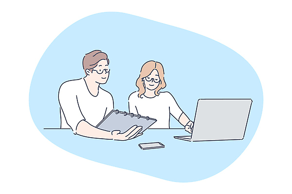 EPS 해외이미지 여자 남자 안경 일러스트 비즈니스 성인 두명 노트북 스마트폰 공책 책상 성인만 해외202310 해외일러스트 잡화 가구 문구용품 사람 전자제품 핸드폰 스마트기기 파일형식 벡터