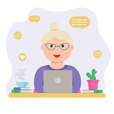 EPS 해외이미지 무료이미지 라이프스타일 여자 노년 할머니 일러스트 커뮤니케이션 한명 노트북 노인여자한명만 해외202310 해외일러스트 1 사람 성인 생활 전자제품 여자한명만 노인여자만 파일형식 벡터