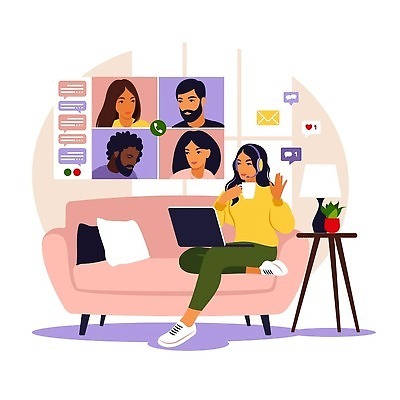 EPS 해외이미지 전신 여자 남자 쿠션 일러스트 비즈니스 들기 앉기 여러명 상반신 성인 노트북 소파 헤드셋 머그컵 손인사 화상통화 성인만 해외202310 해외일러스트 음향기기 다수 의자 모션 사람 컵 전자제품 헤드폰 인사 통화 파일형식 벡터