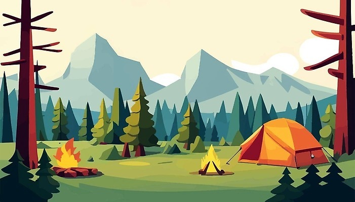 EPS 해외이미지 나무 일러스트 산 텐트 사람없음 야외 캠핑 숲 모닥불 해외202310 해외일러스트 식물 불 레저 캠핑도구 파일형식 벡터