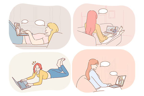 EPS 해외이미지 여자 엎드리기 말풍선 일러스트 비즈니스 앉기 여러명 성인 노트북 소파 눕기 온라인 온라인강의 성인여자만 해외202310 해외일러스트 다수 의자 모션 사람 전자제품 강의 여자만 성인만 파일형식 벡터 언택트
