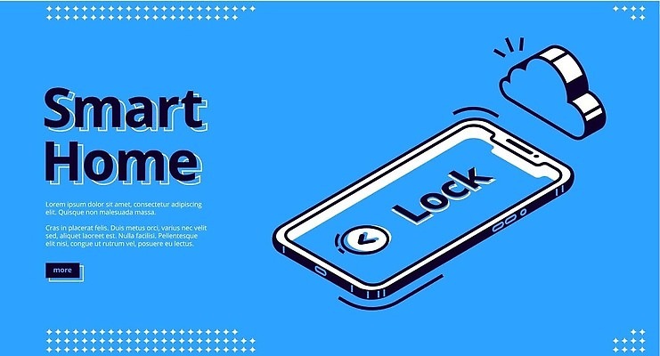 EPS 해외이미지 일러스트 열쇠 주택 기술 사람없음 파란색 스마트폰 스마트 잠금 클라우드서비스 아이소메트릭 해외202310 해외일러스트 컬러 컨셉 건물 핸드폰 스마트기기 서비스 보안 파일형식 벡터