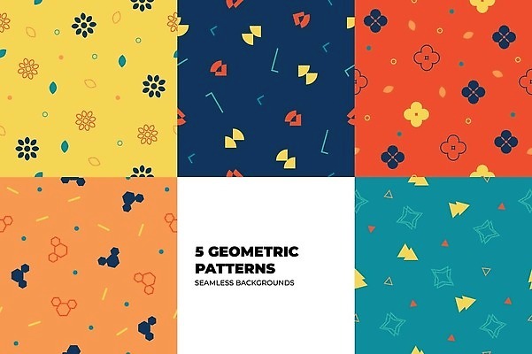 EPS 해외이미지 선 잎 꽃무늬 패턴 일러스트 사람없음 그래픽 빨간색 세트 노란색 주황색 삼각형 남색 청록색 육각형 해외202310 해외일러스트 도형 식물 꽃 컬러 무늬 파일형식 벡터