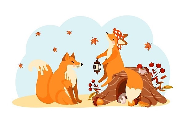 EPS 해외이미지 낙엽 두마리 일러스트 들기 앉기 사람없음 버섯 랜턴 여우 나무밑둥 해외202310 해외일러스트 나무 잎 2 포유류 모션 조명 파일형식 벡터