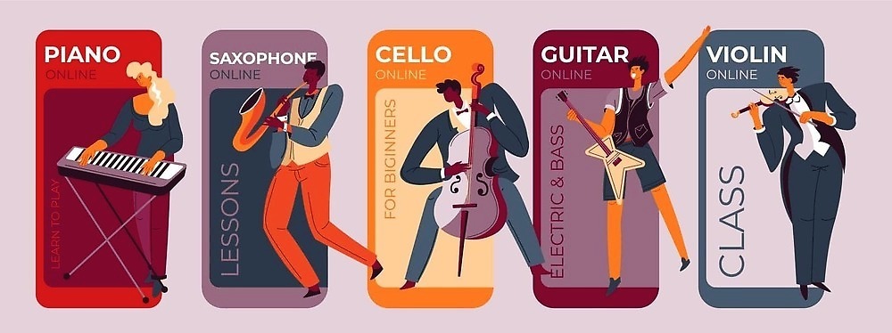 EPS 해외이미지 무료이미지 여자 교육 남자 음악 일러스트 여러명 학습 음악가 기타 피아노 색소폰 바이올린 첼로 해외202310 해외일러스트 직업 다수 현악기 문화예술 사람 건반악기 목관악기 파일형식 벡터 찰현악기 무료콘텐츠