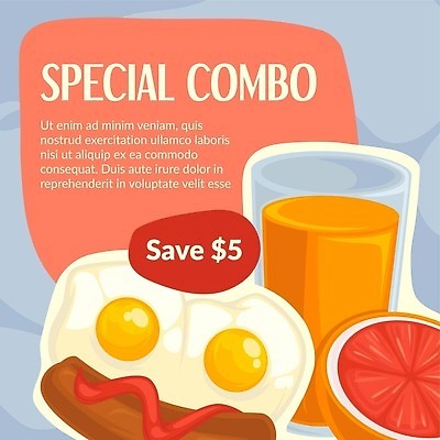 EPS 해외이미지 배너 하늘색 백그라운드 일러스트 잔 타이포그라피 사람없음 주스 가격 계란프라이 자몽 홍보물 마케팅 소세지빵 해외202310 해외일러스트 문자 식기 음료 빵 과일 파란색 계란요리 파일형식 벡터