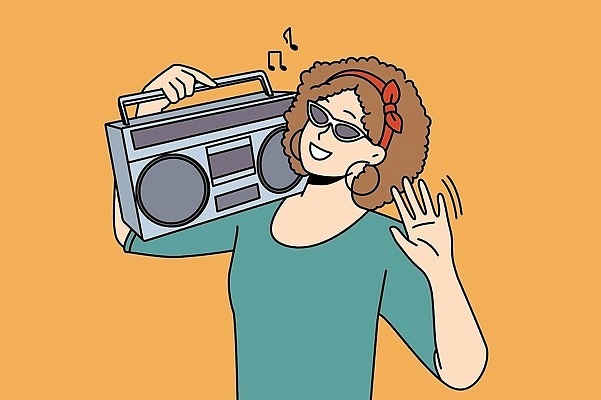 EPS 해외이미지 여자 일러스트 한명 들기 상반신 성인 선글라스 주황색 춤 머리띠 파마 라디오 청록색 성인여자한명만 해외202310 해외일러스트 1 헤어스타일 안경 컬러 장신구 모션 문화예술 사람 전자제품 여자한명만 성인여자만 파일형식 벡터