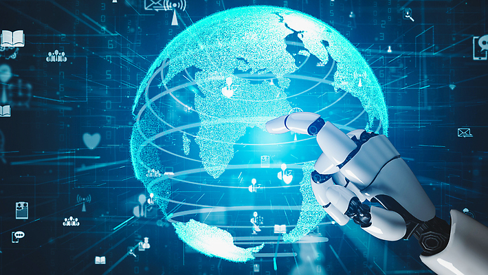 JPG 해외이미지 손 일러스트 미래 기술 신체부위 파란색 지구본 3D 디지털 터치 가리킴 네트워크 로봇 해외202310 해외포토 포토 컬러 컨셉 사람 손짓 디지털합성 파일형식