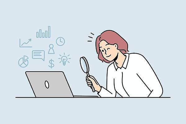 EPS 해외이미지 여자 화살표 시계 말풍선 와이셔츠 일러스트 비즈니스 전구 돋보기 그래프 윙크 한명 성인 노트북 달러 분석 성인여자한명만 해외202310 해외일러스트 1 컨셉 셔츠 돈 표정 사람 전자제품 여자한명만 성인여자만 파일형식 벡터