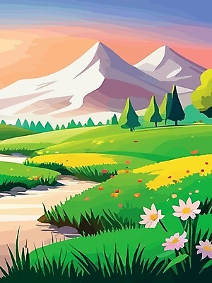 EPS 해외이미지 나무 백그라운드 일러스트 하늘 산 사람없음 물 강 들꽃 분위기 해외202310 해외일러스트 자연요소 식물 꽃 컨셉 파일형식 벡터