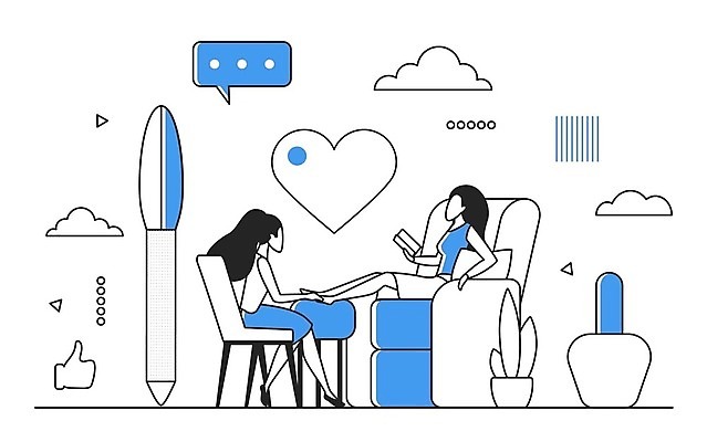 EPS 해외이미지 전신 여자 일러스트 비즈니스 성인 두명 파란색 디지털 정보 하트 마사지 업무 스마트 분석 온라인 경영 데이터베이스 인터페이스 성인여자만 해외202310 해외일러스트 모양 컬러 컨셉 사람 작업 여자만 성인만 파일형식 벡터