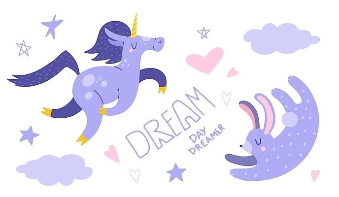 EPS 해외이미지 일러스트 상상 사람없음 눈감음 보라색 꿈 비행 토끼 유니콘 환상 해외202310 해외일러스트 컬러 컨셉 포유류 모션 반려동물 파일형식 벡터