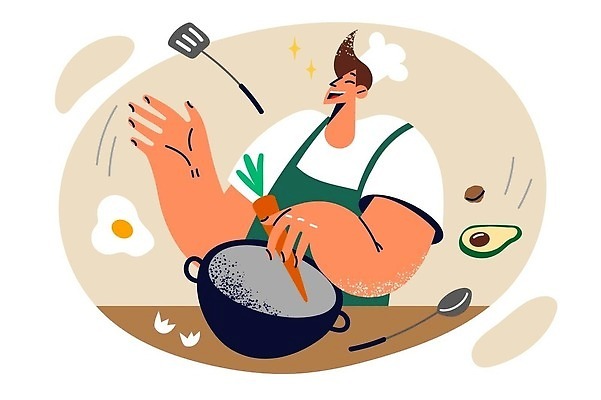 EPS 해외이미지 무료이미지 남자 일러스트 식재료 요리 한명 들기 요리사 앞치마 냄비 뒤집개 성인남자한명만 해외202310 해외일러스트 직업 1 모션 주방용품 사람 솥 남자한명만 성인남자만 파일형식 벡터 무료콘텐츠