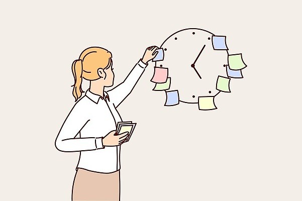 EPS 해외이미지 여자 일러스트 비즈니스 한명 상반신 성인 벽시계 포스트잇 붙이기 성인여자한명만 해외202310 해외일러스트 1 시계 모션 사람 메모지 여자한명만 성인여자만 파일형식 벡터