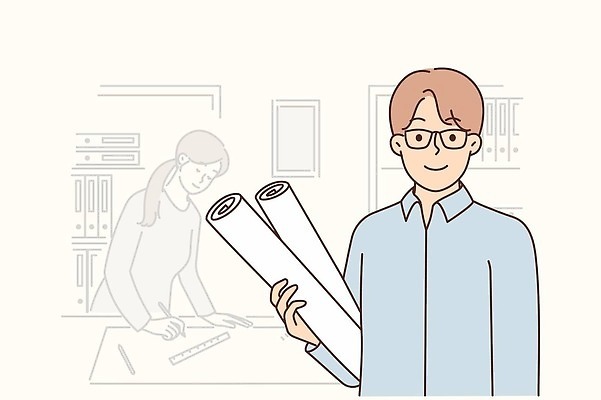 EPS 해외이미지 여자 남자 일러스트 비즈니스 들기 상반신 성인 두명 설계도 성인만 안경낌 해외202310 해외일러스트 안경 모션 건설업 사람 파일형식 벡터