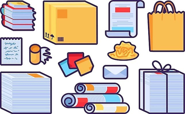 EPS 해외이미지 디자인 종이 일러스트 사람없음 책 쇼핑백 쌓기 신문 문서 택배상자 해외202310 해외일러스트 가방 모션 간행물 상자 뉴스 택배 파일형식 벡터