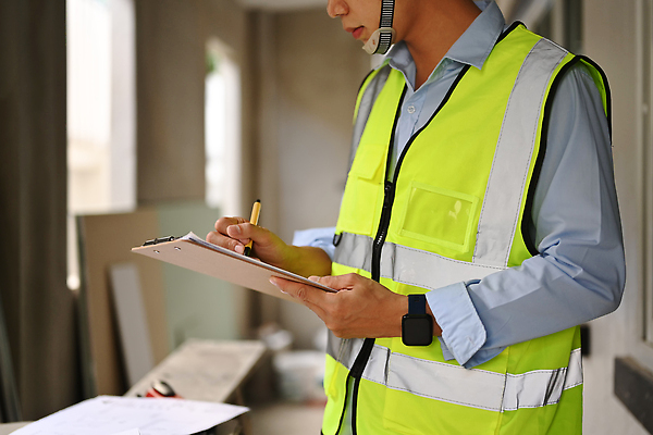 포토 JPG 해외이미지 남자 건축 한명 들기 상반신 성인 펜 건설현장 기록 건축가 문서 서류판 안전조끼 성인남자한명만 해외202310 해외포토 직업 1 모션 건설업 사람 필기구 사무용품 남자한명만 성인남자만 파일형식