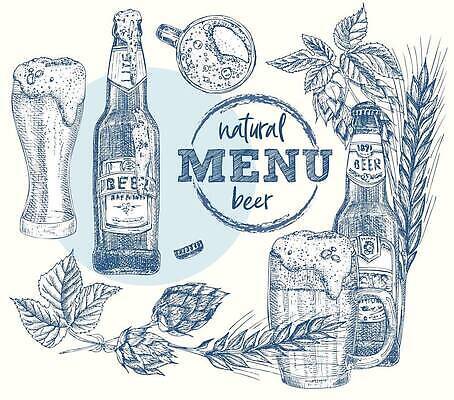 EPS 해외이미지 일러스트 생맥주 사람없음 파란색 세트 거품 빈티지 스케치 허브 메뉴 보리 맥주잔 손그림 맥주병 맥주거품 홉 해외202310 해외일러스트 식물 컬러 컨셉 술잔 술병 곡류 맥주 미술 파일형식 벡터