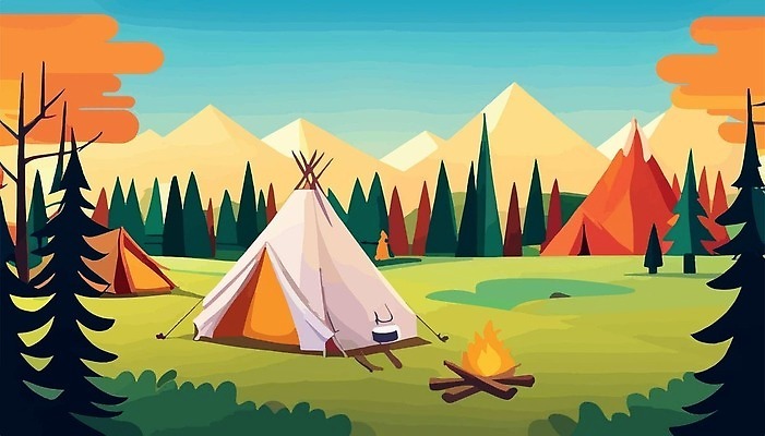 EPS 해외이미지 나무 일러스트 산 텐트 사람없음 야외 캠핑 숲 모닥불 해외202310 해외일러스트 식물 불 레저 캠핑도구 파일형식 벡터