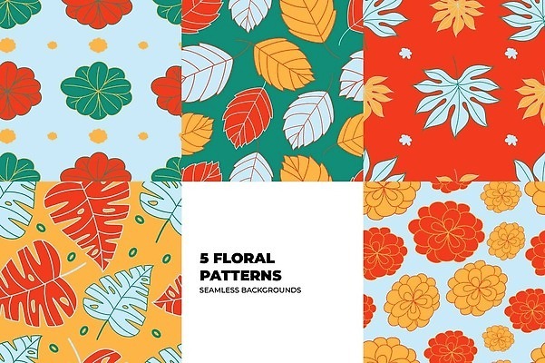 EPS 해외이미지 하늘색 단풍 낙엽 꽃무늬 패턴 일러스트 나뭇잎 사람없음 그래픽 빨간색 세트 주황색 청록색 몬스테라 해외202310 해외일러스트 식물 꽃 컬러 잎 무늬 파란색 파일형식 벡터