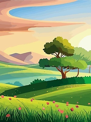 EPS 해외이미지 나무 백그라운드 일러스트 하늘 산 사람없음 들꽃 분위기 해외202310 해외일러스트 식물 꽃 컨셉 파일형식 벡터
