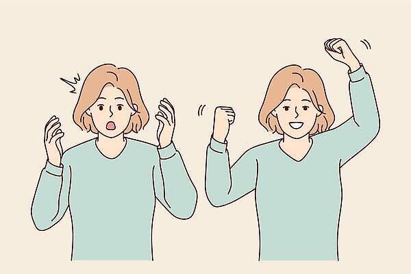 EPS 해외이미지 여자 행복 감정 일러스트 스트레스 웃음 성인 두명 손들기 놀람 비교 변화 흥분 긍정 충격 부정적 성인여자만 해외202310 해외일러스트 컨셉 모션 표정 사람 여자만 성인만 파일형식 벡터