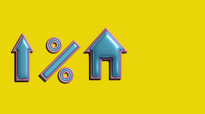 JPG 해외이미지 화살표 주택 사람없음 노란색 3D 화려 퍼센트 입체 상승 광택 해외202310 해외포토 포토 컬러 컨셉 건물 특수기호 디지털합성 파일형식