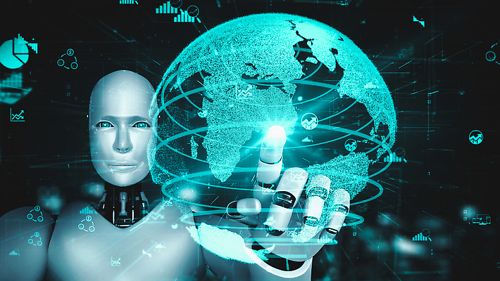 JPG 해외이미지 손 일러스트 그래프 미래 기술 상반신 사람없음 파란색 지구본 3D 디지털 터치 가리킴 네트워크 인조인간 휴머노이드 해외202310 해외포토 포토 컬러 컨셉 손짓 신체부위 로봇 디지털합성 파일형식