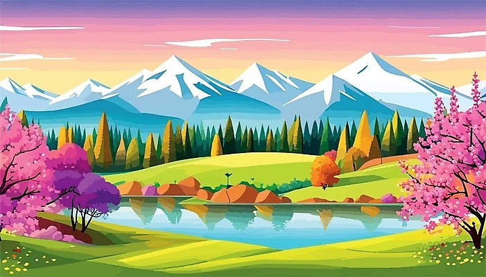 EPS 해외이미지 백그라운드 일러스트 하늘 산 꽃나무 사람없음 물 강 분위기 해외202310 해외일러스트 자연요소 나무 꽃 컨셉 파일형식 벡터